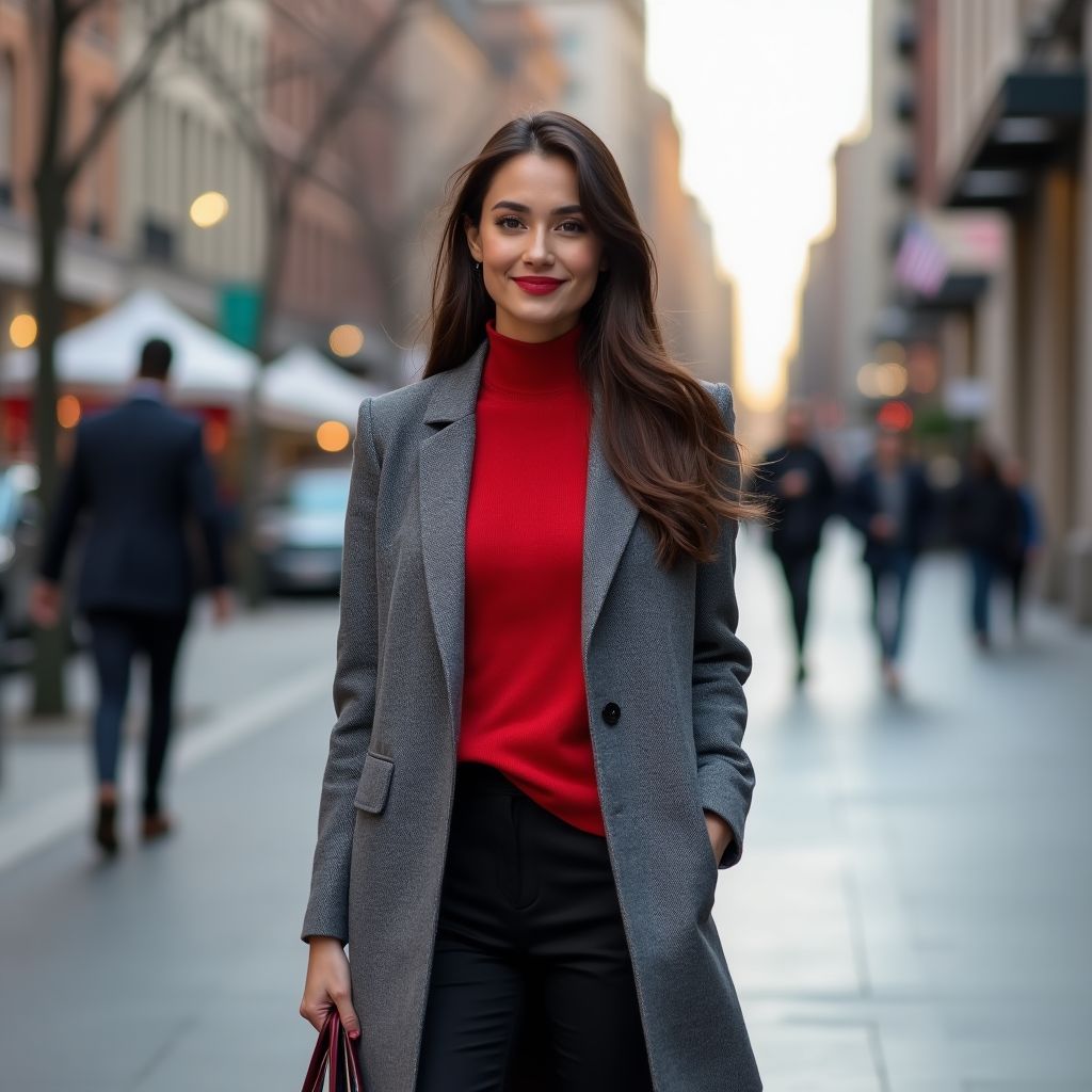 The Urban Elegance of Classic Chic: Sleek Grey Overcoat Meets Fiery Red Turtleneck