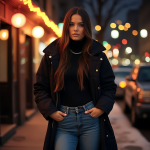 Black Long Coat Urban Night Look with High-Neck Sweater and Classic Blue Jeans Style