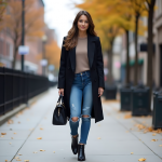 Sleek Black Trench Coat with Taupe Sweater, Ripped Blue Jeans, and Ankle Boots: Effortlessly Chic Urban Autumn Style