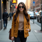 Mustard Blazer with Neutral Turtleneck, Black Tailored Pants, and Burgundy Accessories: Chic Autumn Street Style Outfit
