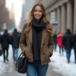 Effortlessly Chic Winter Outfit: Camel Coat, Distressed Jeans, Chunky Knit Scarf, and Sleek Leather Bag for Modern Urban Sophistication