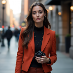 Burnt Orange Power Suit with Black Turtleneck: Bold Business-Chic Style for Fall and Winter Urban Elegance