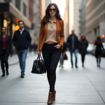 Rust-Colored Blazer with Beige Top, Black Skinny Jeans, and Brown Boots: Chic Autumn Urban Street Style Outfit