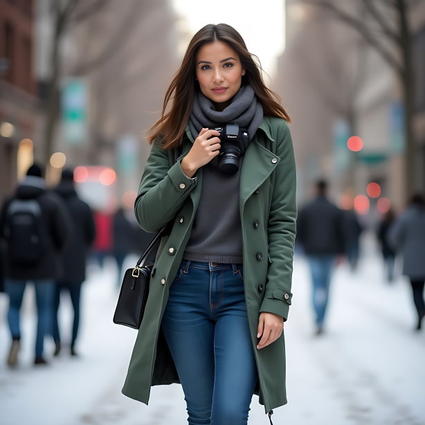 Military Green Trench Coat with Grey Sweater and Dark Jeans - A Chic Winter Street Style Guide