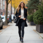 Effortlessly Chic Fall Wardrobe: Black Tailored Coat, Cream Pleated Blouse, and Minimalist Urban Style