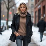 Dark Double-Breasted Coat, Tan Turtleneck, and Dark Jeans: Sophisticated Winter Fashion for Urban Elegance
