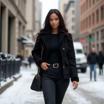 Sleek Black Winter Outfit: Tailored Peacoat, Slim Black Jeans, Leather Handbag with Gold Accents, and Minimalist Sophistication for Cold-Weather Chic