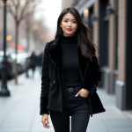 Black Monochromatic Velvet Coat, Ribbed Sweater, and High-Waisted Jeans for Urban Chic Elegance in Crisp Autumn Style