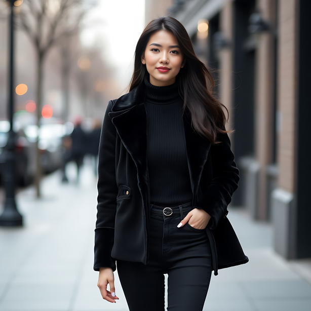 Black Monochromatic Velvet Coat, Ribbed Sweater, and High-Waisted Jeans for Urban Chic Elegance in Crisp Autumn Style