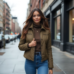 Olive Green Jacket with Charcoal Turtleneck and High-Waisted Blue Jeans: Effortlessly Chic Fall Urban Style