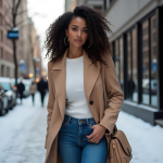 Timeless Winter Fashion: Tailored Camel Coat, White Ribbed Sweater, High-Waisted Jeans, and Chic Accessories for Urban Elegance