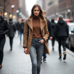 Camel Coat and Warm Turtleneck with Skinny Gray Jeans: Timeless Urban Chic Fall Outfit for Modern Elegance