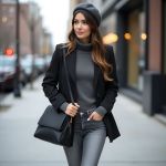 Black Blazer and Grey Turtleneck Outfit for Sophisticated Urban Fall Style with Minimalist Accessories and Modern Elegance