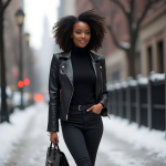 Sleek Black Leather Jacket Outfit for Winter: Urban Chic Fashion with Turtleneck, Jeans, and Structured Handbag