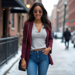 Burgundy Tailored Blazer with Grey Top, Blue Jeans, and Chic Accessories: The Perfect Urban Winter Style