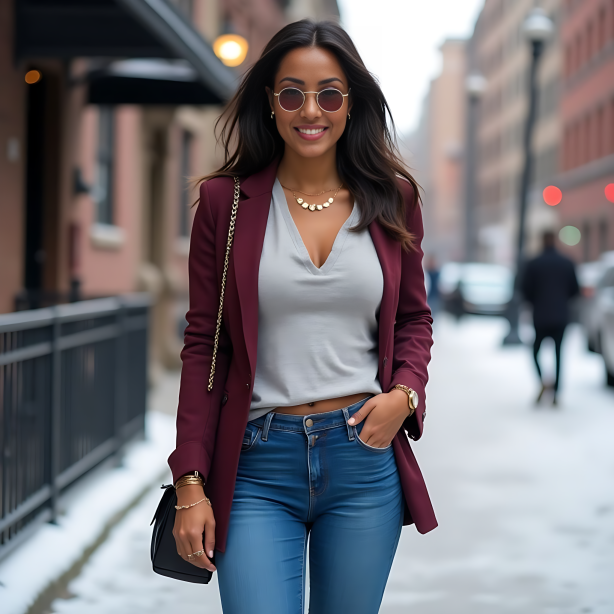 Burgundy Tailored Blazer with Grey Top, Blue Jeans, and Chic Accessories: The Perfect Urban Winter Style