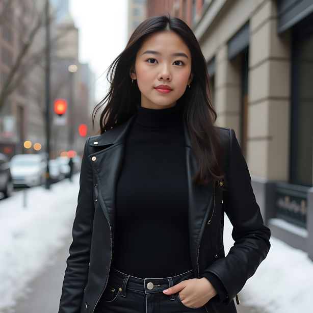 Black Leather Jacket, Black Turtleneck, and High-Waisted Dark Jeans: Sleek Winter Street Style for Urban Chic Fashion