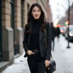 Urban-Chic All-Black Monochrome Outfit: Sleek Turtleneck, Tailored Blazer, High-Waisted Pants, and Gold-Accent Accessories for Sophisticated Fall Style