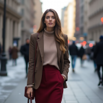 Camel Blazer, Ribbed Turtleneck, and Burgundy Skirt: Chic Autumn Outfit for City Street Style