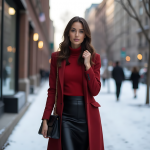 Radiant Red Winter Chic: Long Crimson Coat, Black Leather Skirt, and Modern Accessories for Cold-Season Sophistication