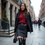 Crimson Sweater and High-Waisted Black Leather Skirt for Chic Urban Winter Style