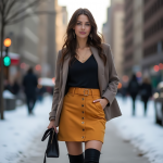 Neutral Tailored Blazers and Mustard Skirts: Chic Urban Outfit for Fall with Knee-High Boots and Minimalist Black Accessories