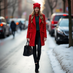Bold Red Double-Breasted Coat and Forest Green Winter Look with Black Leggings and Chic Accessories for Urban Winter Style