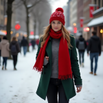 Winter Chic Outfit: Emerald Green Coat, Bold Red Accessories, and Dark Wash Skinny Jeans for Cozy Modern Style