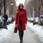 Bold Red Winter Coat and Black Leather Pants: Chic Urban Outfit for Snowy Streets