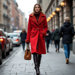 City-Chic Winter Fashion: Bold Red Double-Breasted Coat, Brown Turtleneck, Knee-High Boots, and Gold-Accent Handbag for Sophisticated Urban Elegance