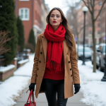 Camel Coat and Red Sweater Winter Outfit: Timeless Urban Chic in Neutral and Bold Hues