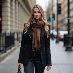 Timeless Dark Blazer and Taupe Scarf Outfit for Fall: Urban Chic Style for Modern Elegance