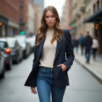 Navy Blazer and Beige Sweater with Blue Jeans: Timeless Chic Outfit for Urban Elegance in Fall
