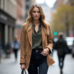 Camel Blazer and Deep Olive Blouse Styled with Dark Jeans for Chic Urban Fall Fashion Elegance