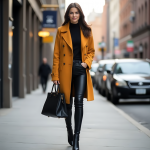 Mustard Yellow Trench Coat with Black Turtleneck, Leather Pants, and Ankle Boots: A Chic Fall Urban Street Style Outfit