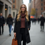 Chic Tailored Black Coat and Burgundy Sweater with Caramel Tote for Sophisticated Urban Autumn Style