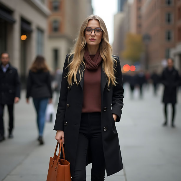 Chic Tailored Black Coat and Burgundy Sweater with Caramel Tote for Sophisticated Urban Autumn Style