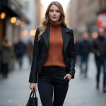Sleek Black Leather Jacket and Rust Turtleneck Autumn Outfit: Edgy Street Style with Tailored Black Jeans