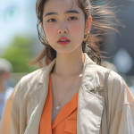 Effortless Light Beige Trench Coat and Bold Orange Blouse Outfit with High-Waisted Trousers for Urban Chic Style Perfect for Spring