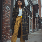 Mustard Yellow Plaid Coat Outfit for Fall: Tailored Trousers, White Sneakers, and Chic Street Style Elegance
