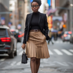 Black Blazer and Turtleneck with Camel Pleated Skirt and Nude Ankle Boots: Chic Fall Urban Power Outfit