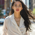 All-White Tailored Blouse and High-Waisted Pants Ensemble for Chic Urban Spring Elegance