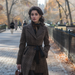 Luxurious Earth-Toned Houndstooth Coat with Cinched Belt – Stylish Classic for Chic Autumn Outfits