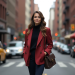 Crimson Double-Breasted Blazer with Black Turtleneck and Navy Trousers: Timeless Urban Chic for Fall