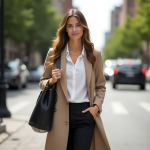 Chic Beige Trench Coat Outfit for Urban Sophistication: Classic White Blouse, Black Trousers & Minimalist Gold Accessories for Transitional Weather Style