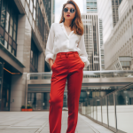 Catching Fire: Urban Chic Style in Crimson Trousers and Crisp White Blouse