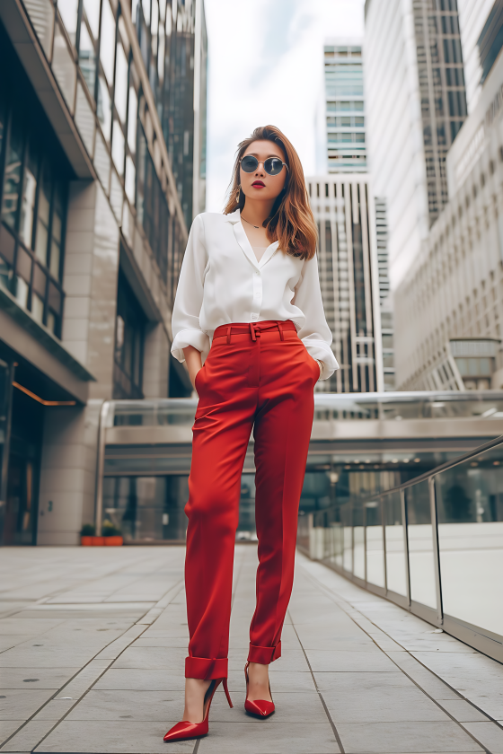 Catching Fire: Urban Chic Style in Crimson Trousers and Crisp White Blouse