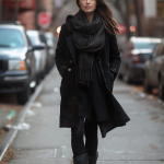 Urban Elegance: Midnight Black Coat, Charcoal Scarf, Polished Boots - A Modern Muse's Chic Cosplay Style