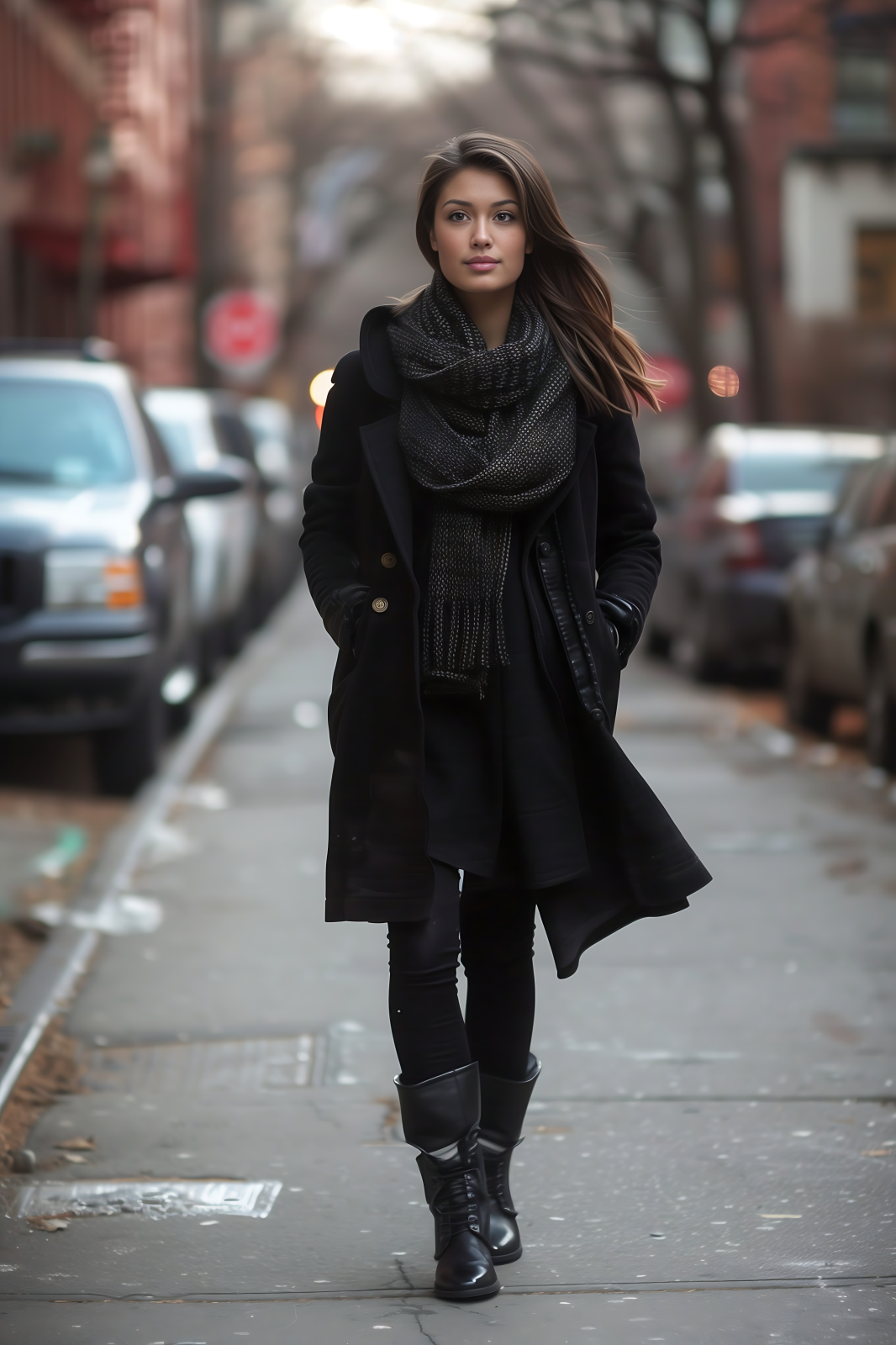 Urban Elegance: Midnight Black Coat, Charcoal Scarf, Polished Boots - A Modern Muse's Chic Cosplay Style