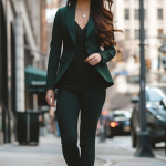 Urban Elegance: Forest Green Blazer, Black Top, Fitted Trousers, and Obsidian Pumps for a Confident Fashion Statement